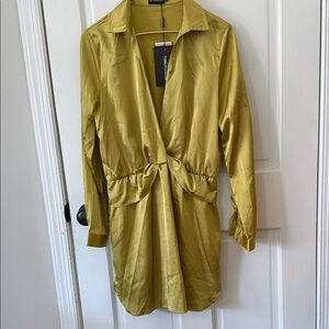 PrettyLittleThing Yellow Satin Wrap Mini Dress